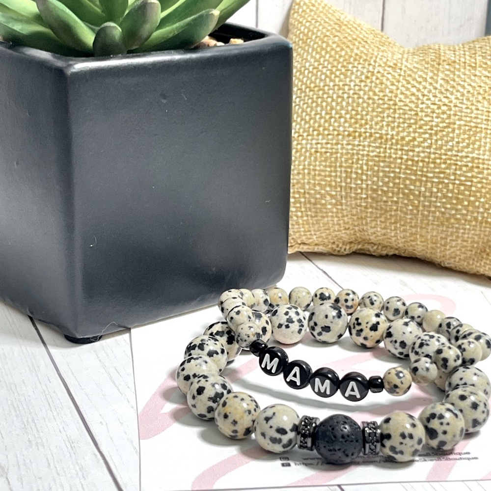 MAMA Alphabet Beaded Dalmatian Jasper Bracelet Set 8mm beads